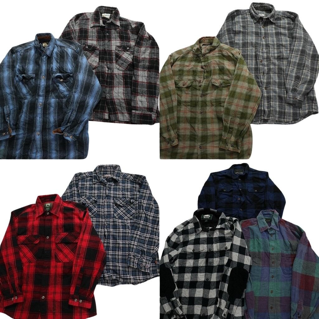 古着卸 まとめ売り ヘビーネル 長袖シャツ 9枚セット (メンズ M /L ) ダブルフラップ オンブレチェック ブルー ブラック  MU9750