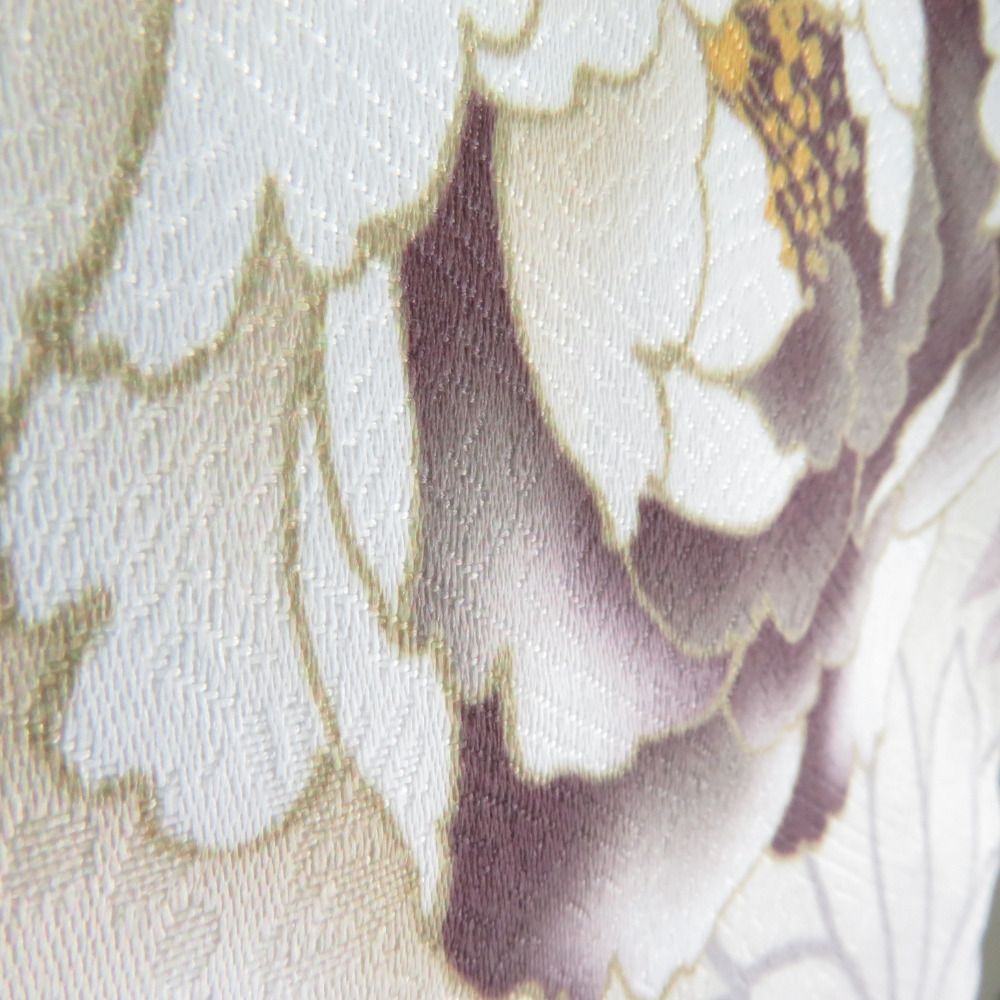 振袖 二尺袖 牡丹柄 白色x薄紫色 クリーム系 洗える ポリエステル 広