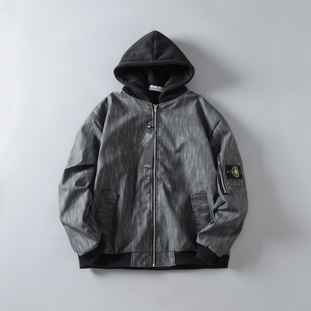 Stone Island  SS25 新作 レトロ ベースボールジャケット フェイクツーウェイ フード付き PUレザー テクスチャー ジャケット カップル用