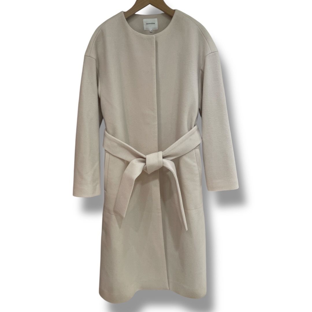 anatelier アナトリエ メルトンノーカラーロングコート 528-97420 ノーカラー ロングコート 美シルエット 女性らしい 上質 オフホワイト サイズ38 レディース 冬 ゴーゴー古着セントラルパーク名古屋店NO.1235