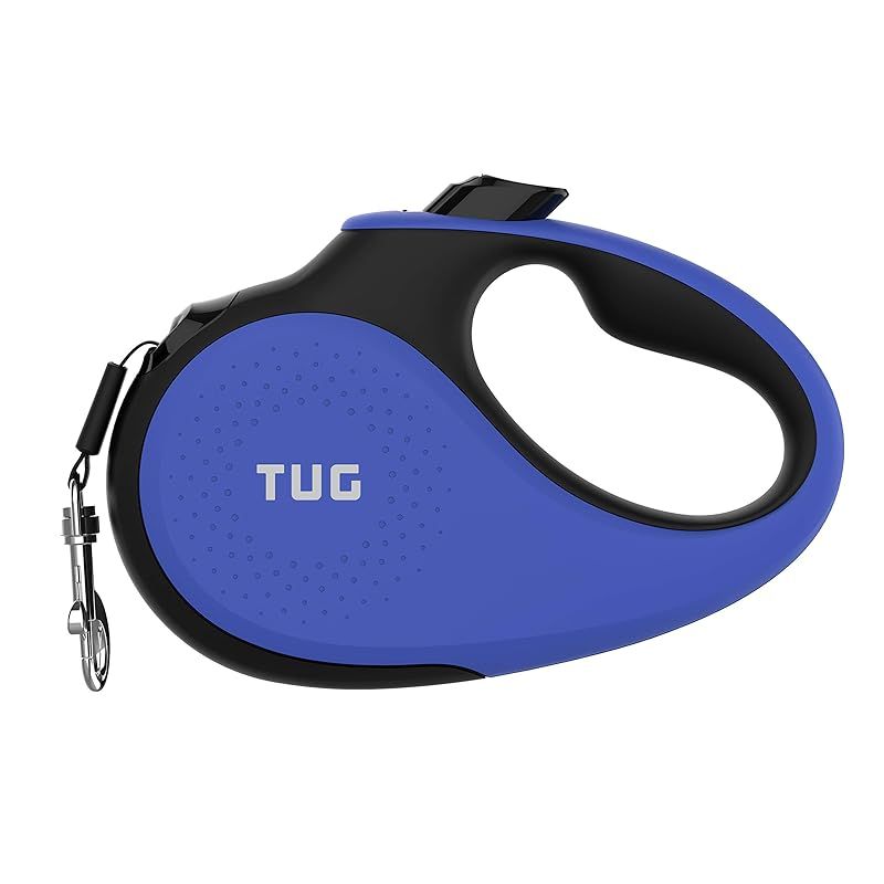 TUG 360°タングルフリー 頑丈引き込み式犬リード スリップ防止ハンドル付き 5 m 強いナイロンテープ 片手ブレーキ 一時停止 ロック S サイズ ブルー