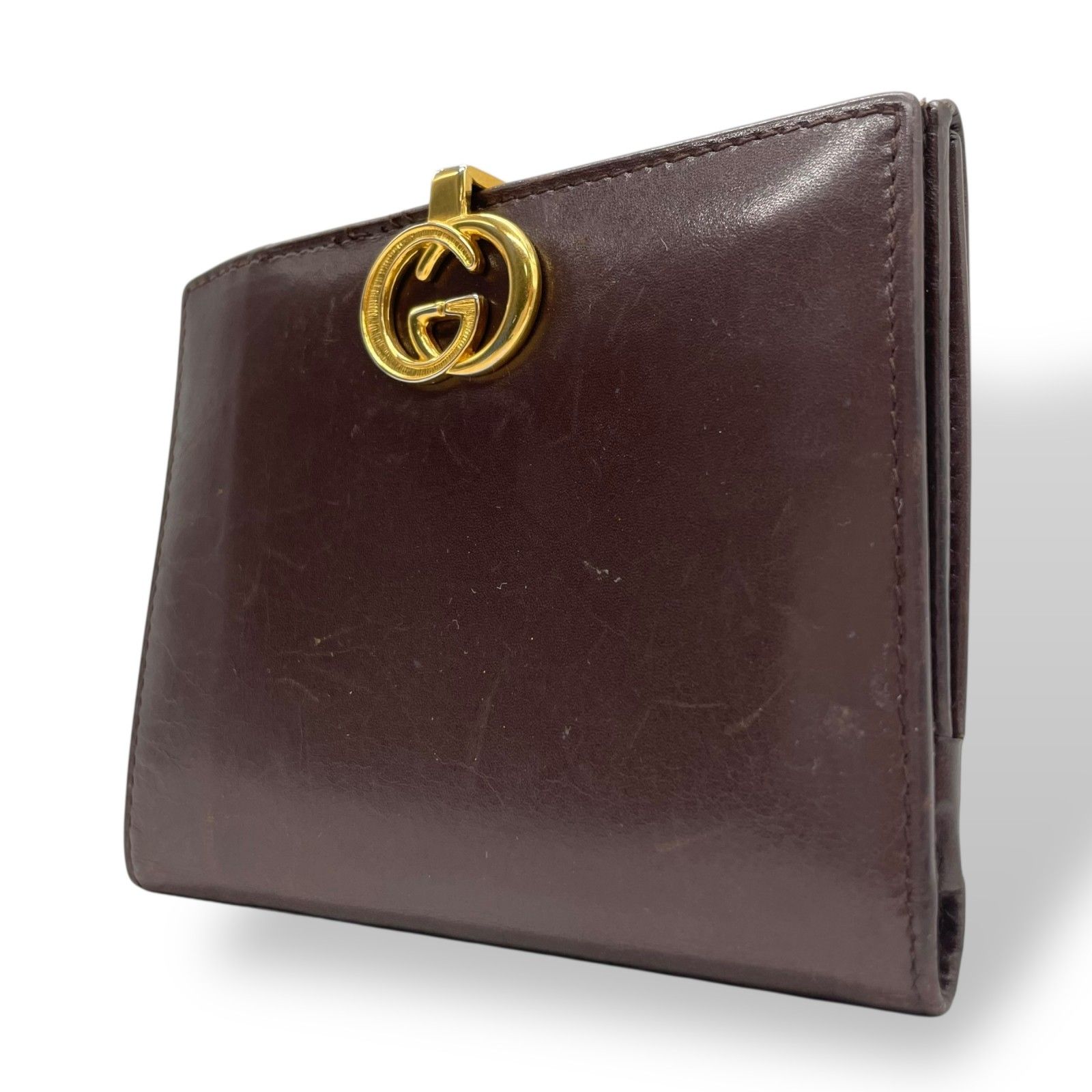 美品 GUCCI グッチ レザー 二つ折り財布 ボルドー ブラウン