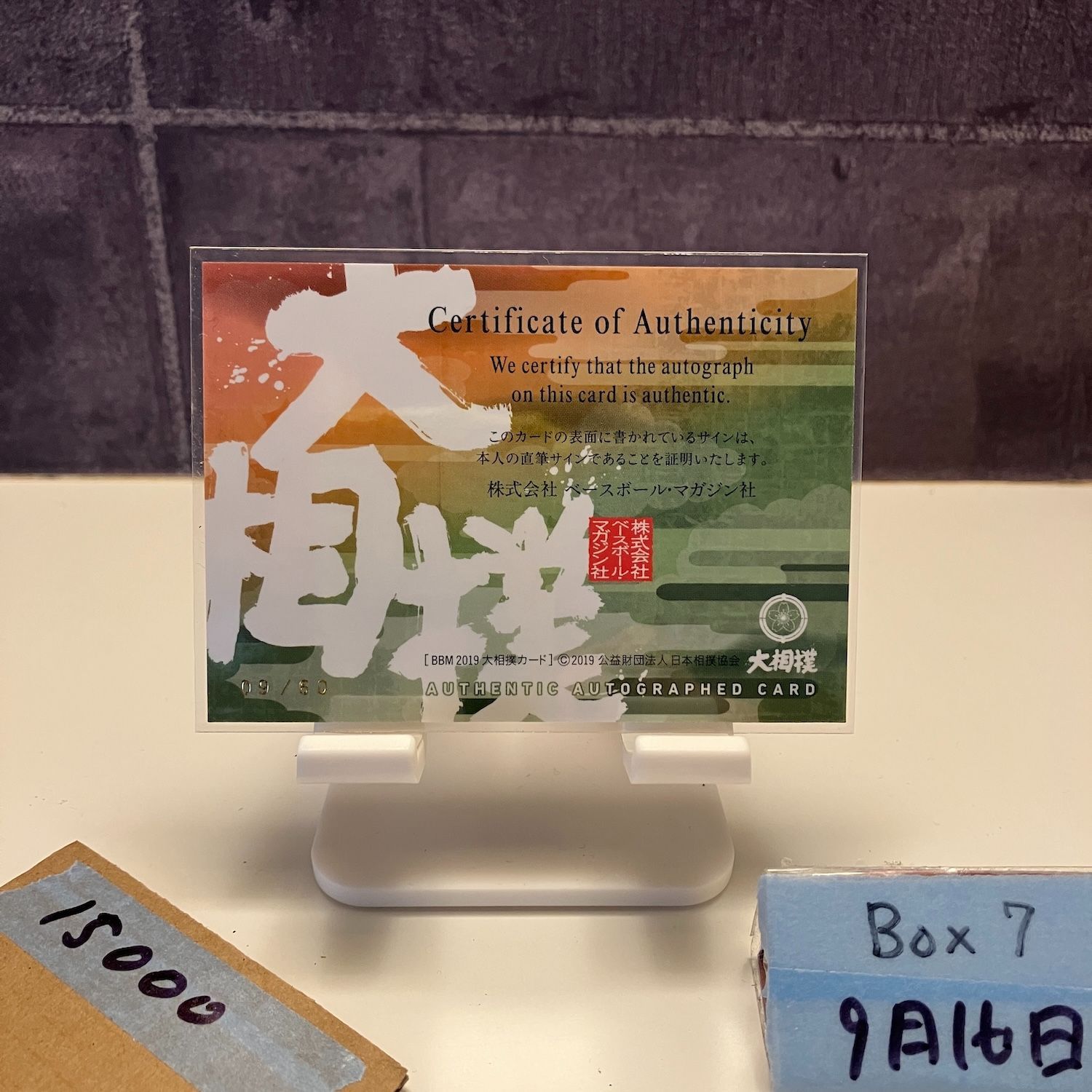 2019 BBM 竜電剛至 09 60 直筆サイン 高田川部屋 カード