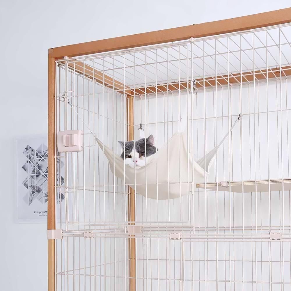 猫用品 猫 ケージ キャットケージ 3段 木製フレーム ハンモック付 広々