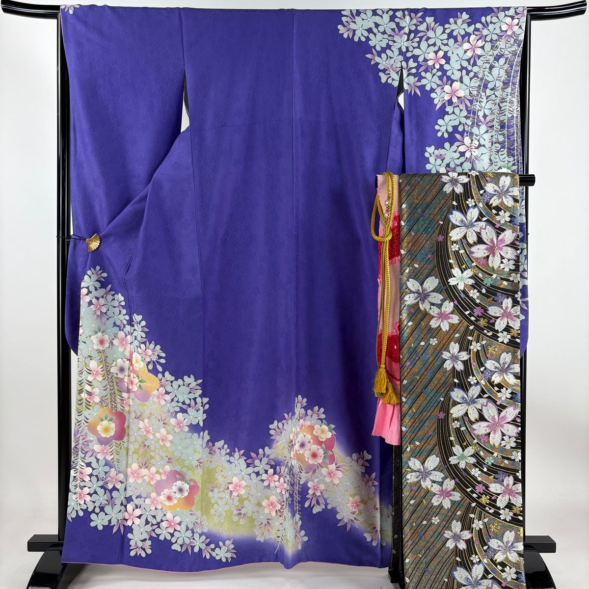 振袖フルセット 裄69.2cm 身丈163cm 辛子色正絹 L サイズ 2745 振袖 身丈163cm 裄丈66cm M 袷 袋帯フルセット 桜 地紋 金糸