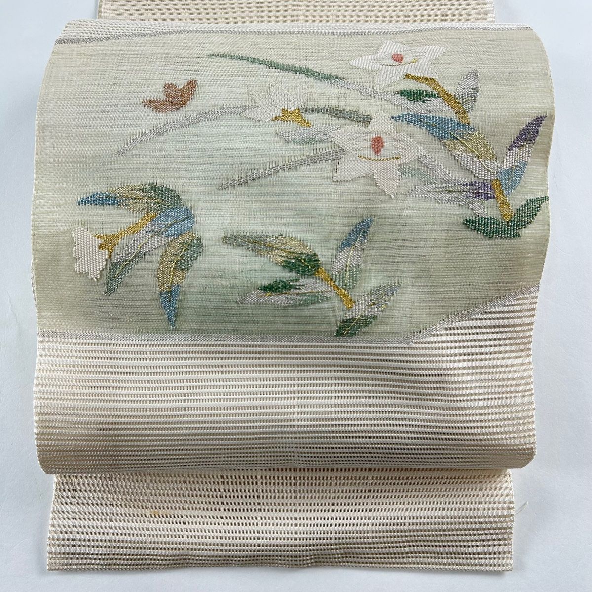 名古屋帯 秀品 夏帯 絽 八寸名古屋帯 草花 金銀糸 ベージュ 正絹