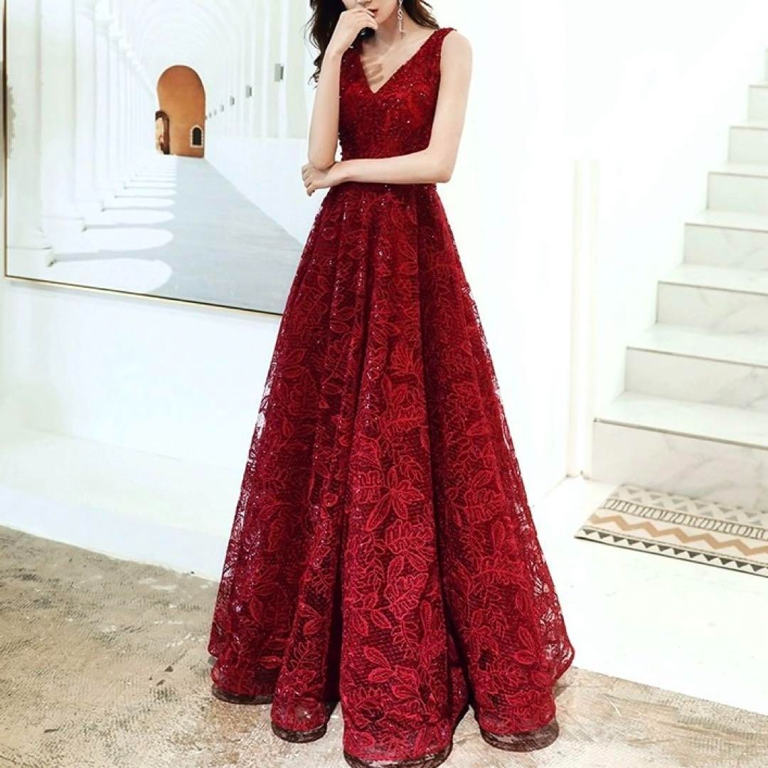 レディースファッション 花柄がシンプルオシャレなVネック ロングイブニングドレス