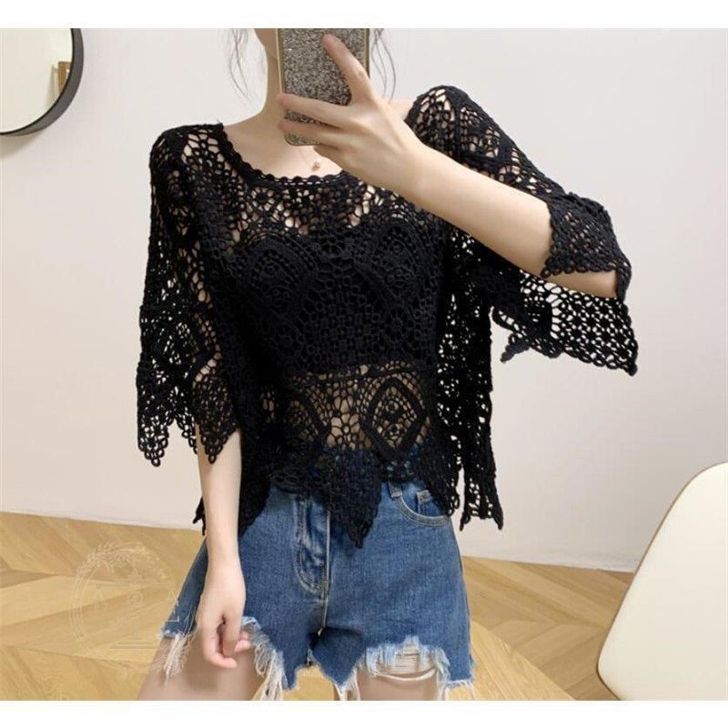 tシャツ レースメッシュカットソー レディース acro tシャツ 5分袖カラーシアーメッシュトップス/AC1429