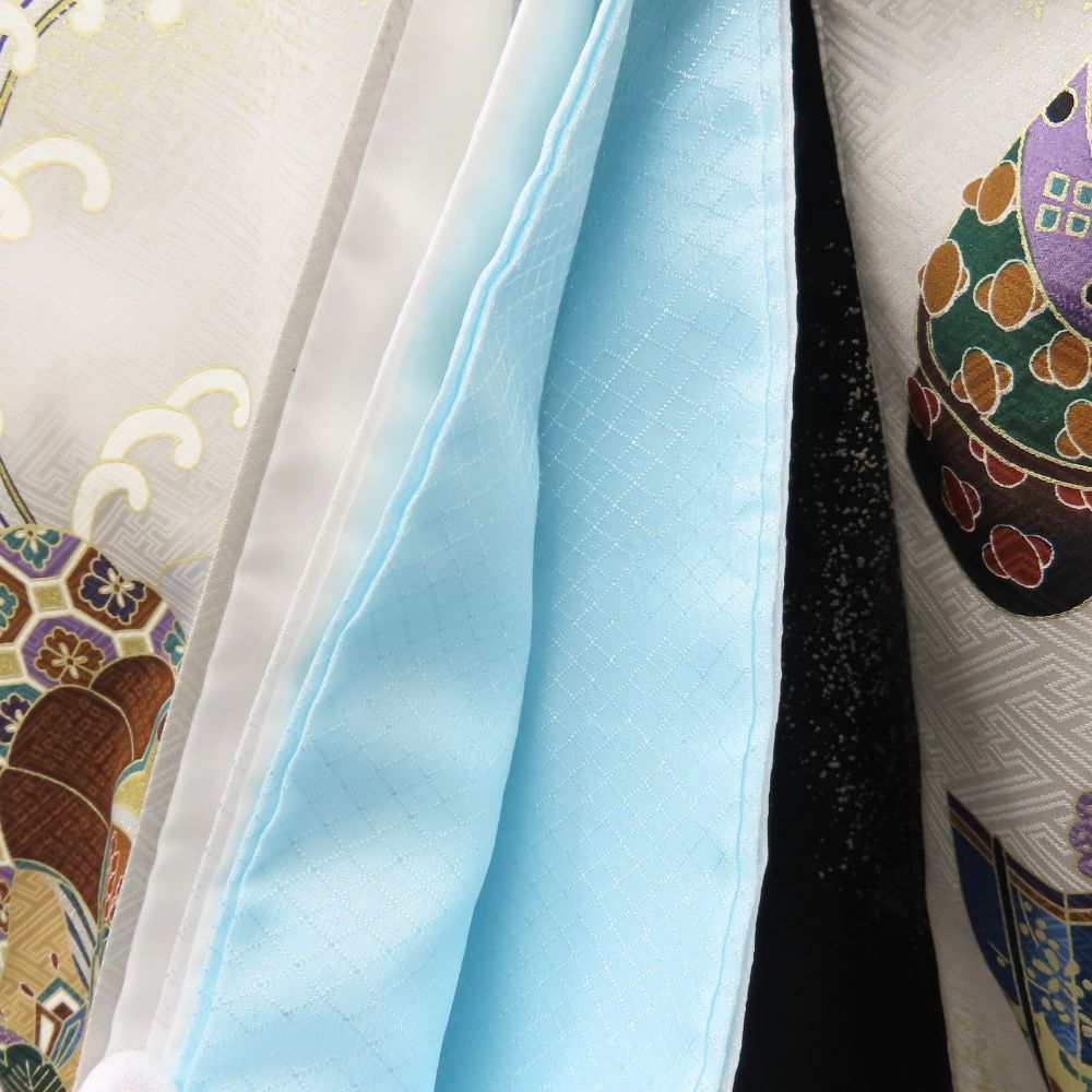  子供着物 祝着 正絹 金銀糸除く 化学繊維 ブラック グレー マルチ 襦袢付き 男の子用 兜柄 和装 呉服 和服 きもの 着物 着物ドレス 着物 浴衣 和小物