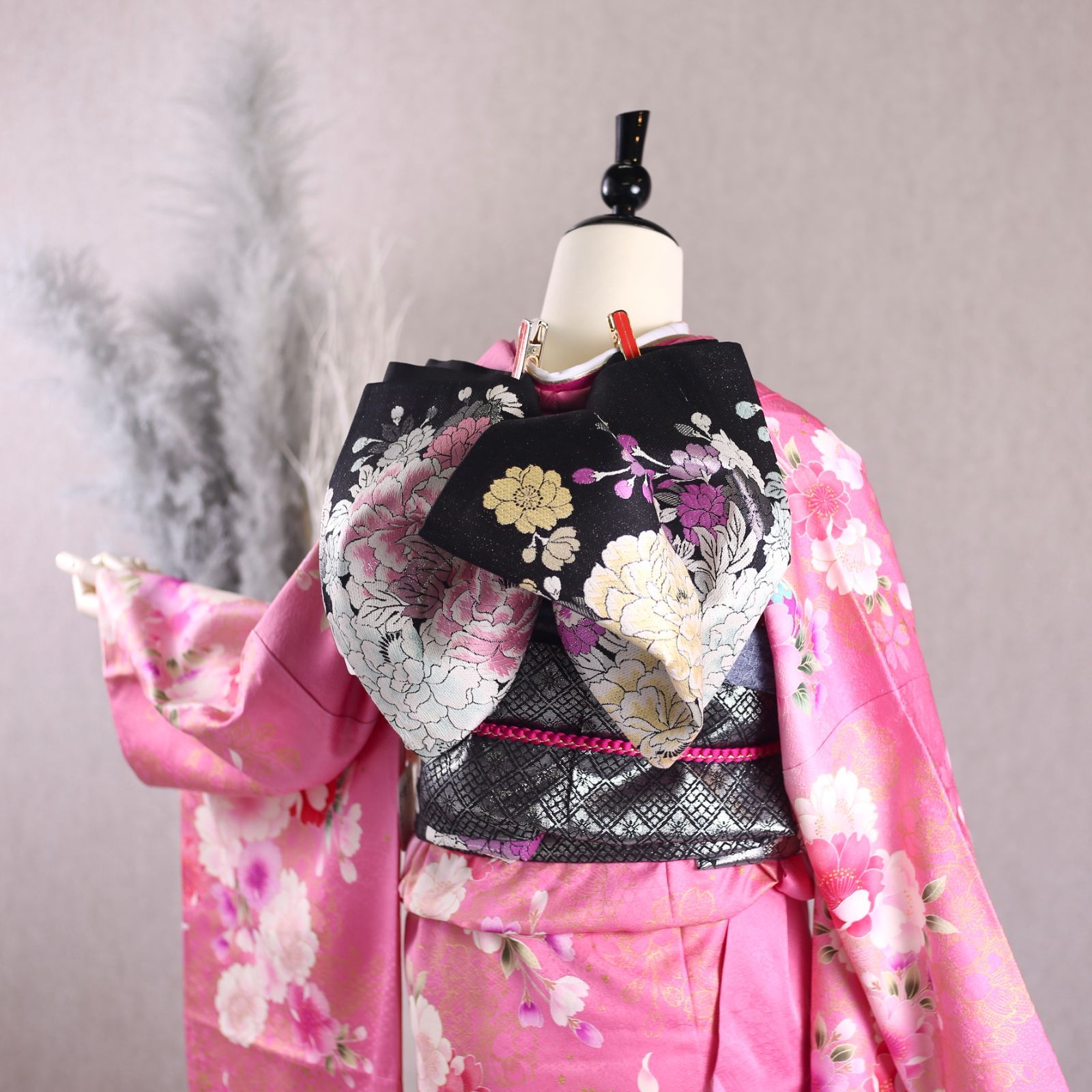 振袖フルセット 振袖セット 振袖 Mワイドサイズ 中古 ピンク×蝶 美品 