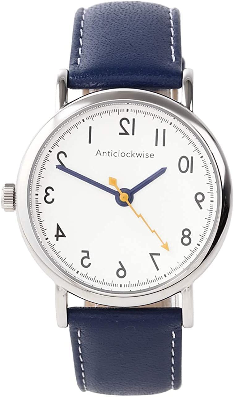 アンチクロックワイズ］逆回転腕時計 日本製クォーツ ブルー本革ベルト