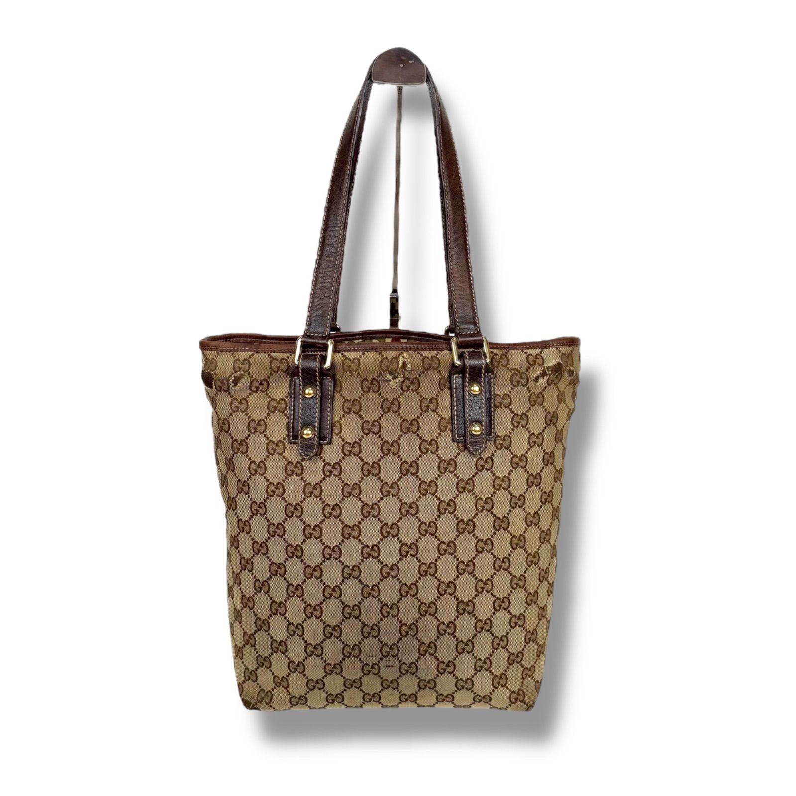 希少色 グッチ トートバッグ GGキャンバス レザー ゴールド金具 肩掛け可能 ヴィンテージ】グッチトートバッグggキャンバスレザーチャーム肩掛け