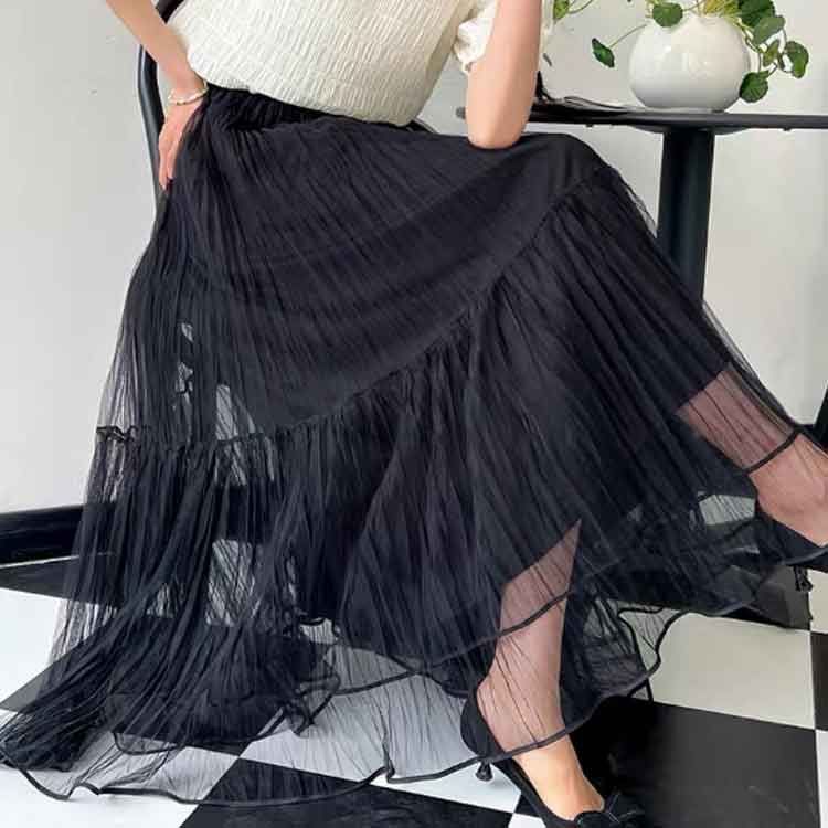 スカート レディース ブラック 春 秋 冬 ロング プリーツ ウエストゴム エレガント 伸縮性 目立たず埋もれずの美しい千鳥格子 1OTONA 40代 50代 60代