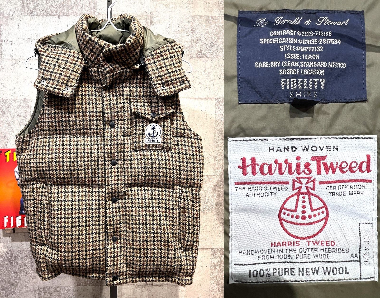 シップス別注 FIDELITYxHARRIS TWEED フード付きダウンベスト 美品 SHIPS X FIDELITY ハリスツイード ダウンベスト M ガン