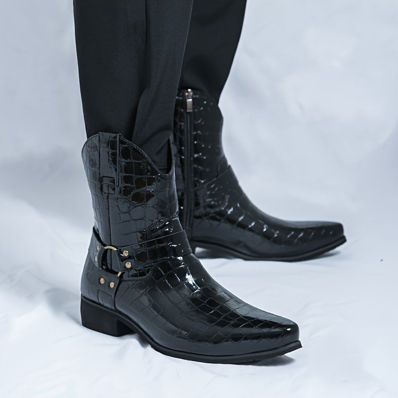 ウエスタンブーツ カウボーイブーツ リングブーツ チャンキーヒール ユニセックス ローヒール 騎士ブーツ 冬靴 春秋 柔らか ノンスリップ 復古 カウボーイ レトロ 厚底 防水 カット ハイカット メンズブーツ ブーツ 冬 防滑 ロック系 ブラック