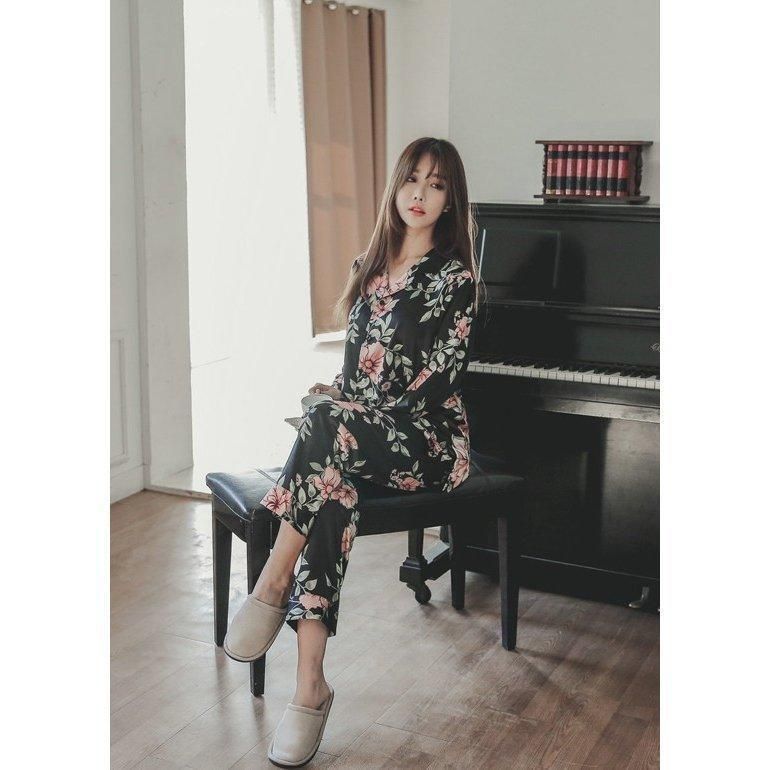 パジャマ 上下セット ルームウエア レディース 長袖 部屋着 ルームウェア 花柄 前開き 長ズボン ロングパンツ 襟つき 女性用 婦人用 ナイトウエア DECORATOM_COM_BR