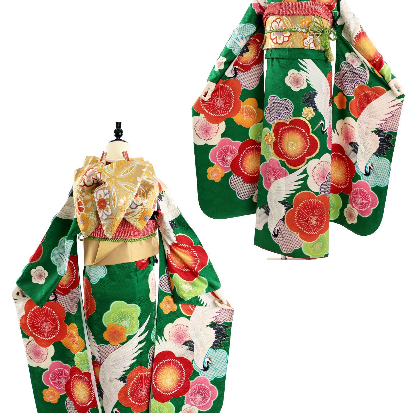 振袖 振袖セット USED振袖 緑 レトロ モダン 鶴 梅 7点フルセット