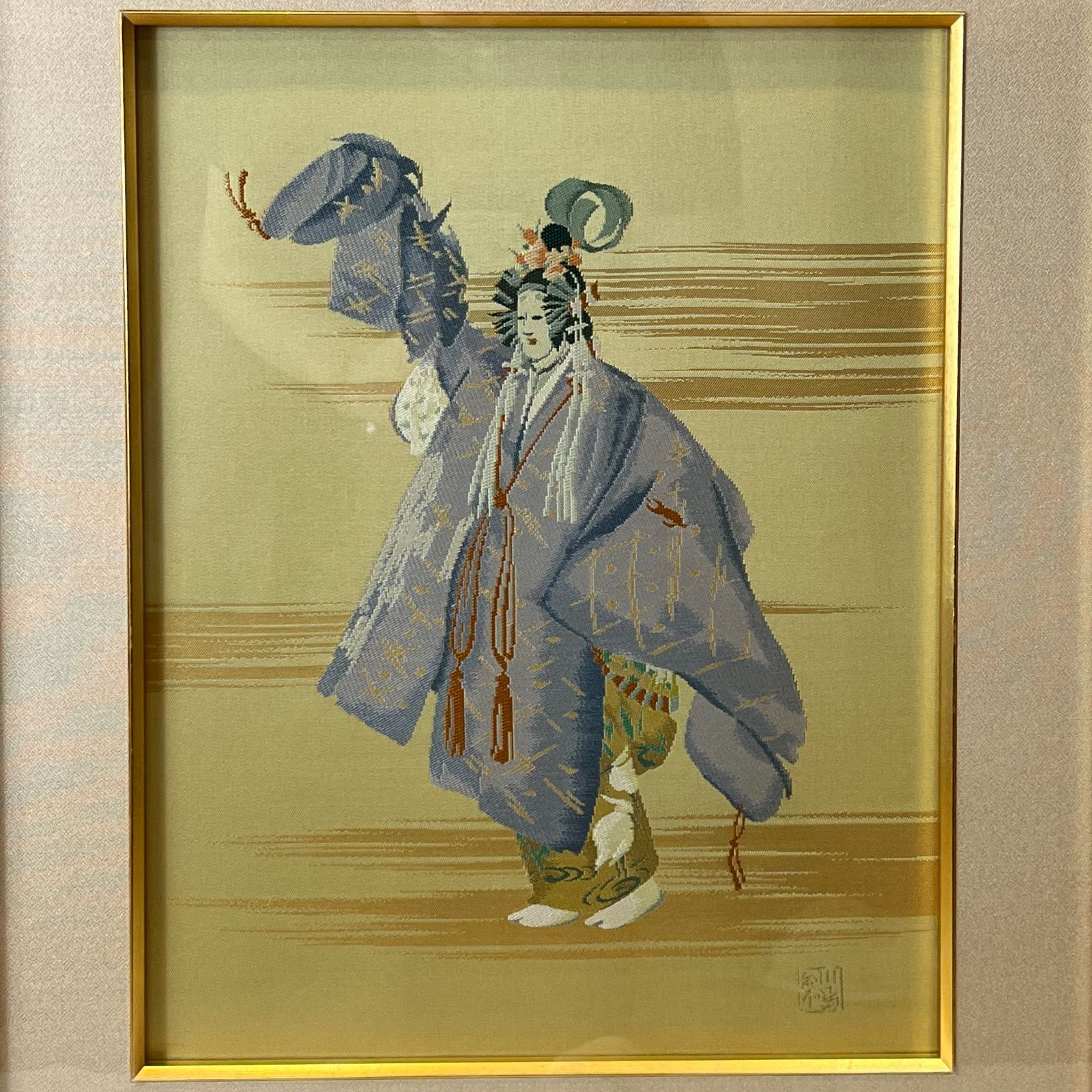 額装 川島織物 刺繍 能楽人形 刺繍 金 青 織物の額絵 伝統工芸 壁掛け 装飾 アンティーク