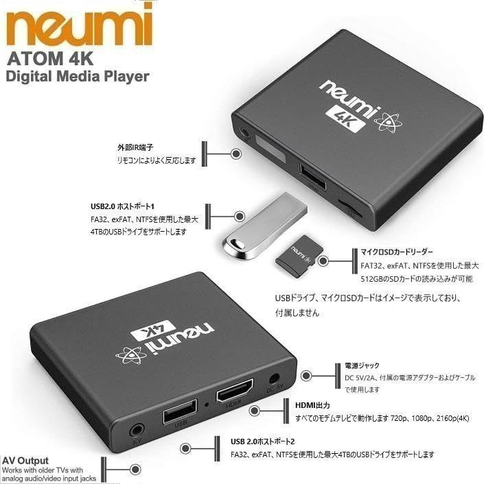 NEUMI Atom 4K V2デジタルメディアプレーヤーNEUMITECH（日本語取扱説明書＆保証付＆単四電池×2＆IRケーブルセット品）USBとmicroSD用  写真・音楽・動画再生プレーヤー レジューム機能付 最新Ver20230220.113058版