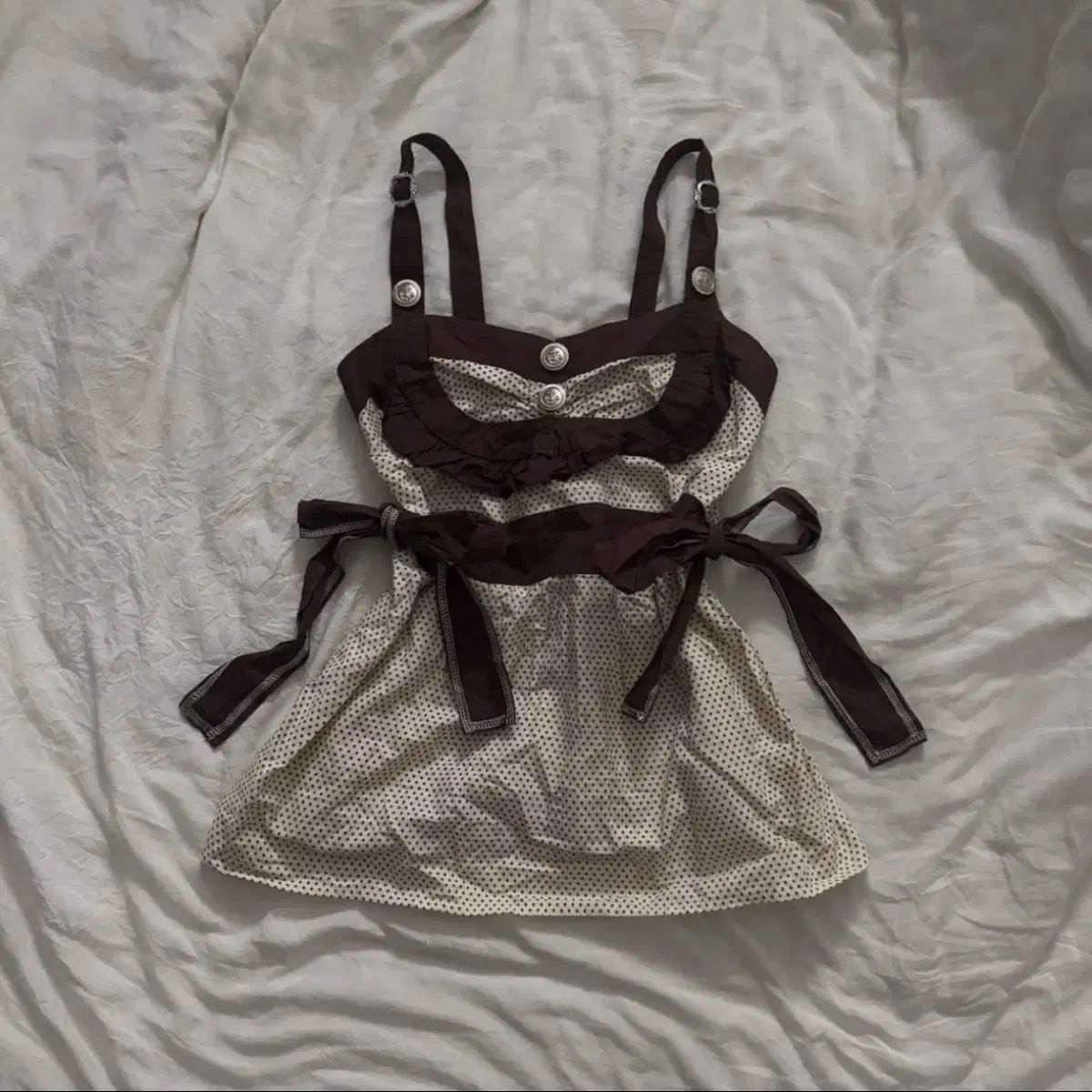 姫ギャル 姉ギャル オタク 日本人 もり ドット ブラウン リボン ゴールド スリップ ノースリーブ