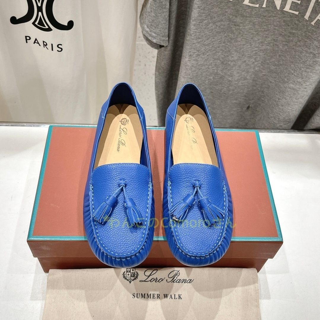 ブルー23.0 4.5cm ロロピアーナレディースサマーウォーク モカシン タン カーフレザー タッセル付き ペブルグレイン レザー