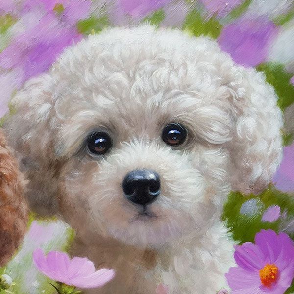 油絵　ちえ　花冠のかわいいトイプードル 長岡卓 「なかよし（トイプードル）お花のなかで」油彩画 F4