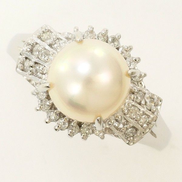 美品★Pt900本真珠 指輪 パールリング メレダイヤ 8.5mm玉 14号 PT900 リング ring 指輪 17.5号 パール（真珠） 約8mm ダイヤ