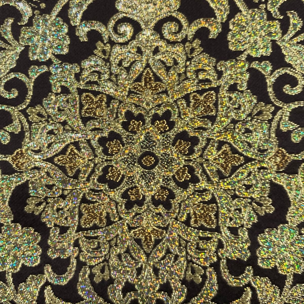 袋帯 秀品 華文 花唐草 箔 金糸 焦茶色 六通 正絹