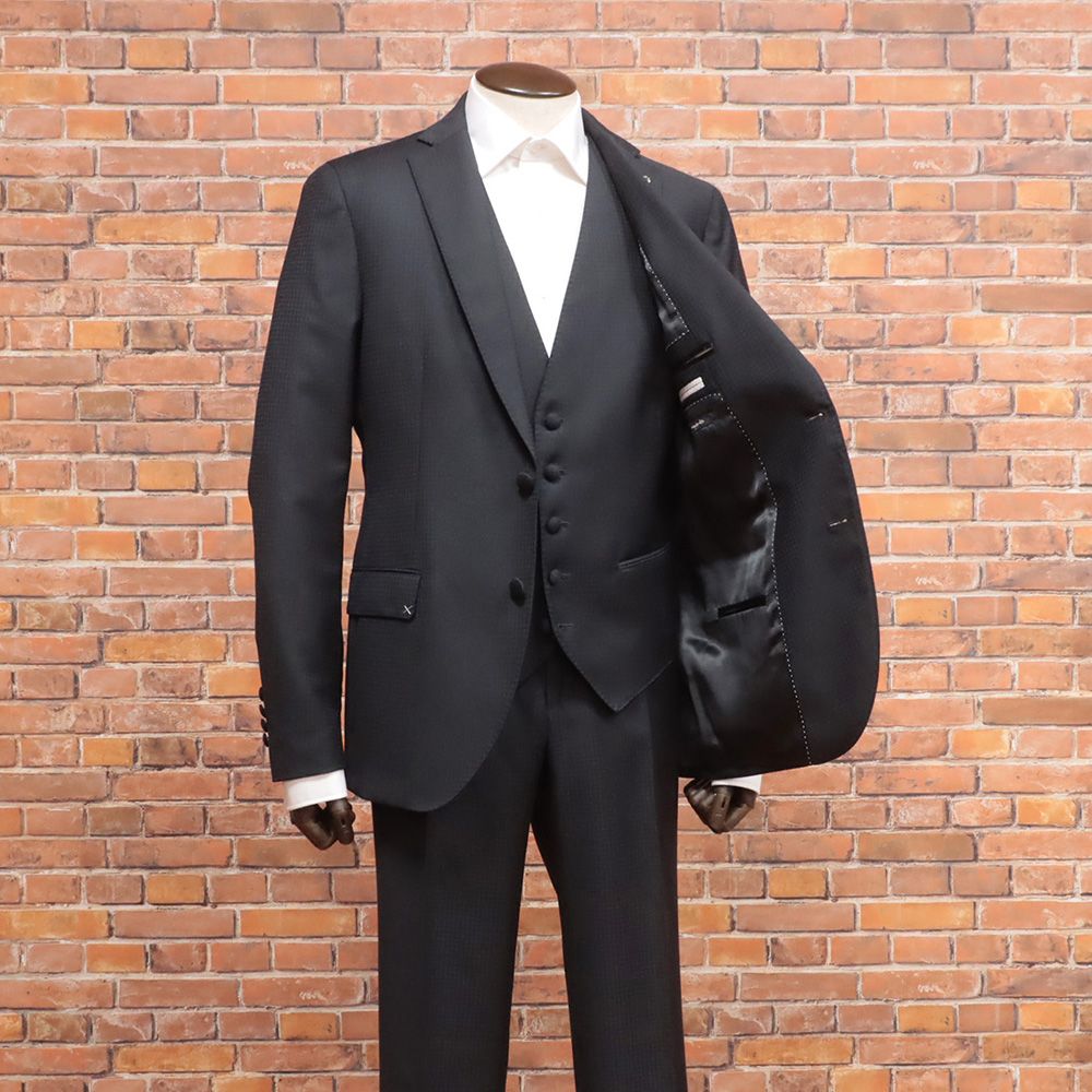 秋冬 PAOLONI 50サイズ スリーピース タキシード 上質ウール チェック柄 フォーマル イタリア製 パオローニ 黒 ブラック md333