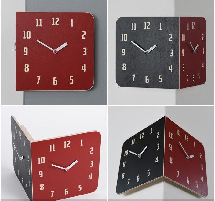 電波両面時計 Morden Retro Round Corner Clock (Black&Red) コーナー