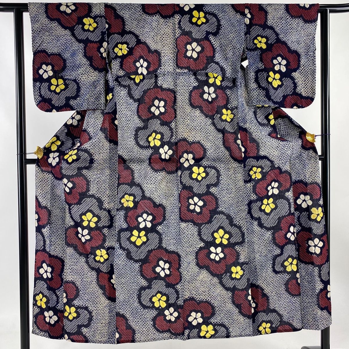 浴衣 身丈149.5cm 裄丈61cm S 絞り浴衣 花 濃紺 綿 秀品