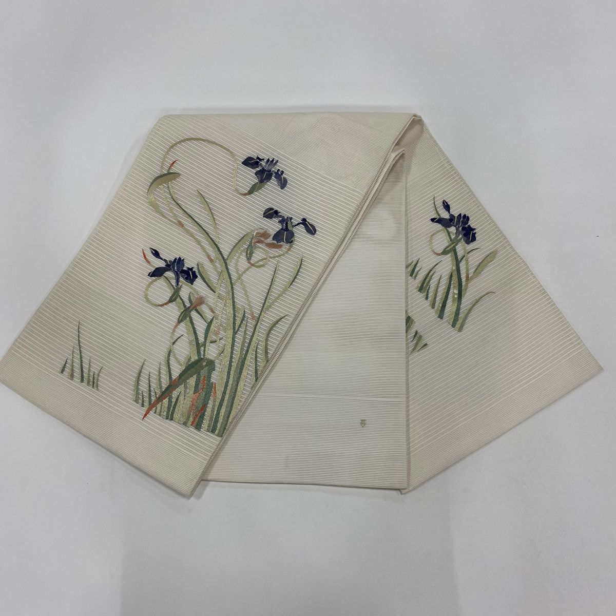 袋帯 名品 夏帯 絽 菖蒲 刺繍 白 お太鼓柄 正絹 【】 【公式通販】