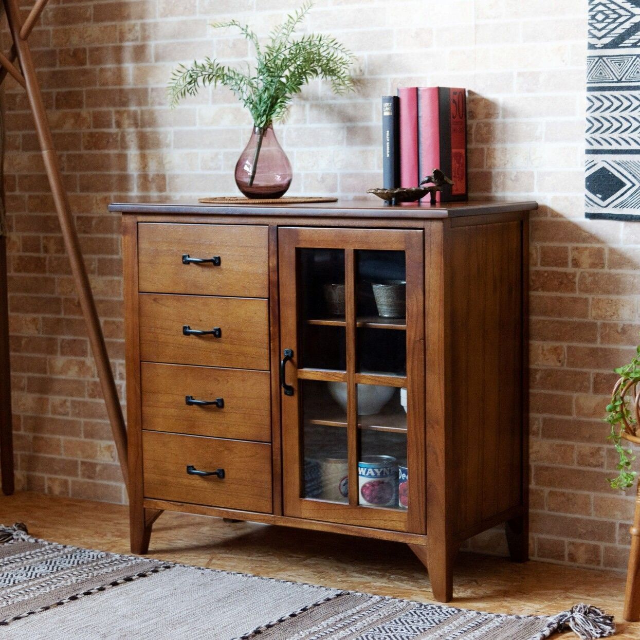 ♪天然木 アンティーク調 キャビネット 片側ガラス扉 片面4段引出し 幅80cm リビング収納 食器棚 収納家具