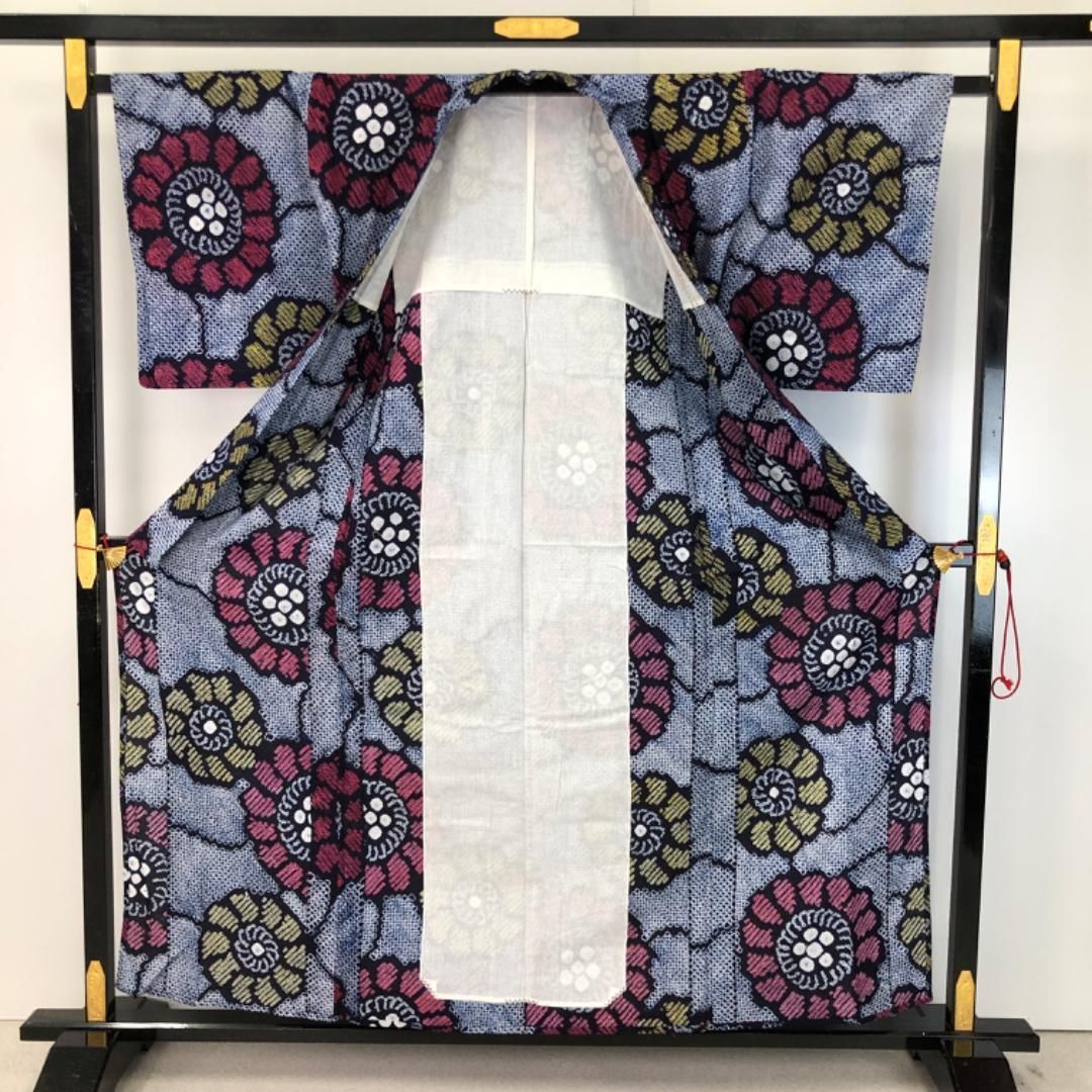 浴衣 有松鳴海絞り 花模様 流線 ネイビー 藍染 着物 044a d 浴衣 有松