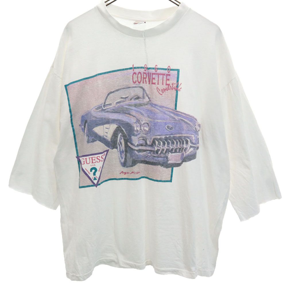 ゲス 90s USA製 プリント 5分袖 シングルステッチ Tシャツ L ホワイト系 Guess オールド ヴィンテージ メンズ ゲス 90s USA製 プリント 5分袖 シングルステッチ Tシャツ L ホワイト