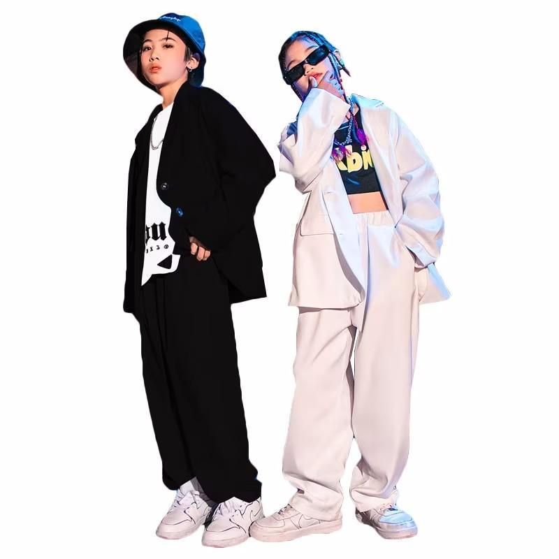 キッズ ダンス 衣装 セットアップ ヒップホップ 長袖 スーツ女の子 男の子 ゆったり目 ダボダボ ホワイト ブラック 韓国 応援団 発表会  hab 