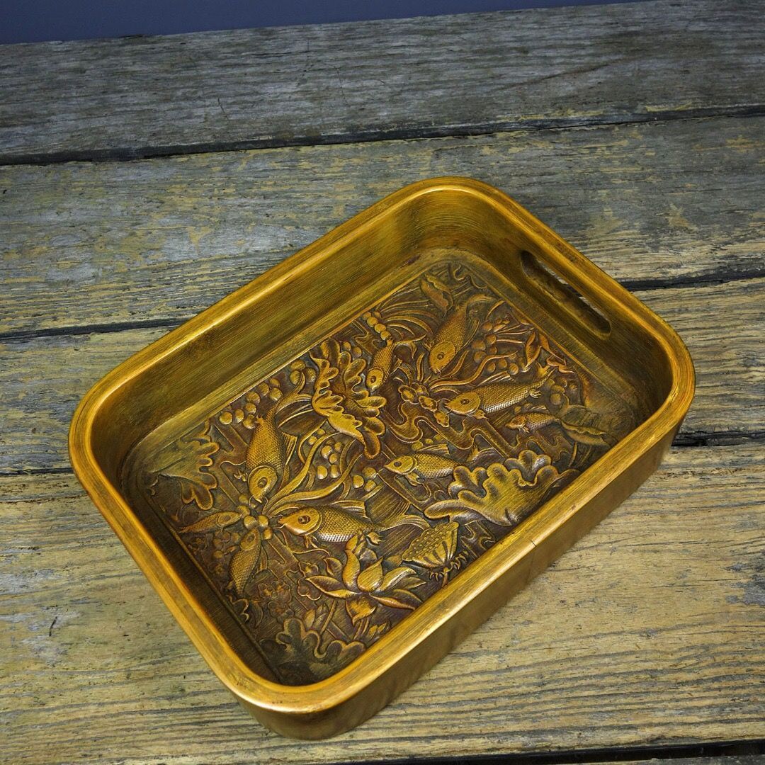 旧家蔵出し 竹黄細密彫 年年有餘紋 最も安い 茶盤 文房賞物 供養品 古