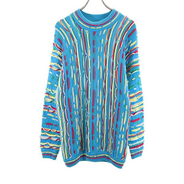 古着 COOGI クージー 90s オールド 3D 総柄 長袖 コットン セーター S 水色系 ニット メンズ クージー 90s オールド 3D 総柄 長袖 コットン セーター S 水色系