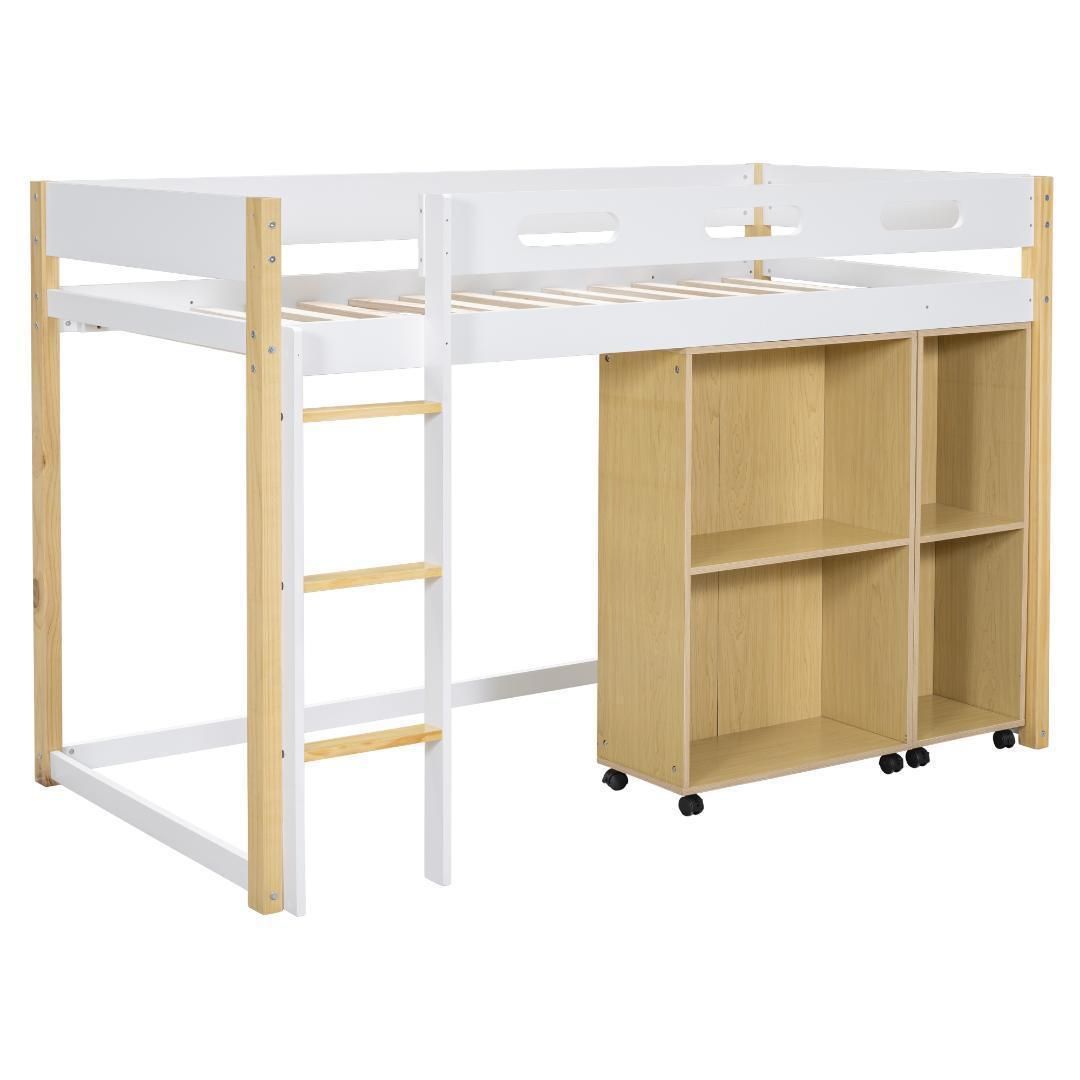 ロフトベッド頑丈階段 ロータイプ 天然木 パイン材収納ホワイト