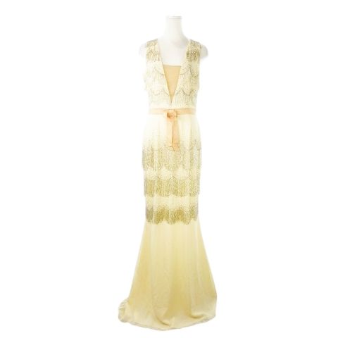エリザベッタ フランキ ELISABETTA FRANCHI ドレス フォーマル ワンピース ロング Vネック ノースリーブ シアー ビーズ フリンジ ウエストマーク 42 S 白 アイボリー |CK5 GY18