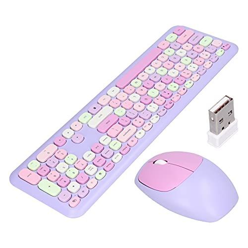 紫混合 2.4Gワイヤレスキーボードとマウスコンボ、カラフルな丸いキーキャップかわいい美的キーボード、110キーフルサイズQWERTYタイプライターキーボード(紫混合)
