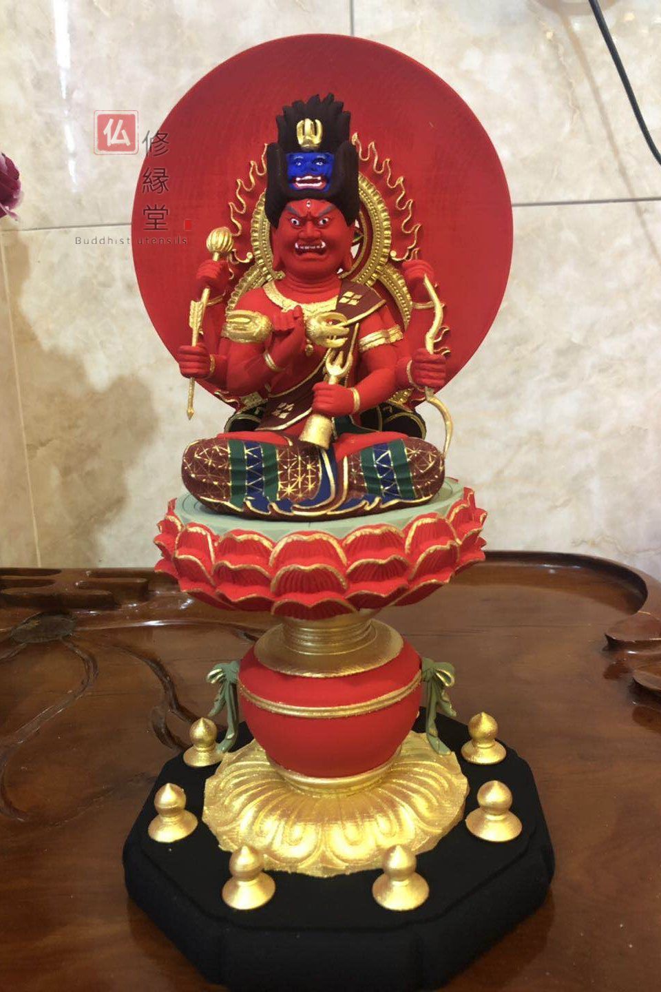 修縁堂】最高級 木彫仏像 愛染明王座像 彩繪 本金 切金 檜材 彫刻 仏教 