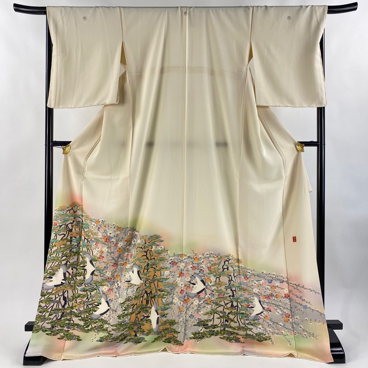 色留袖 身丈173cm 裄丈67.5cm L 袷 落款 鶴 松梅 ぼかし クリーム 正絹 秀品 三つ紋