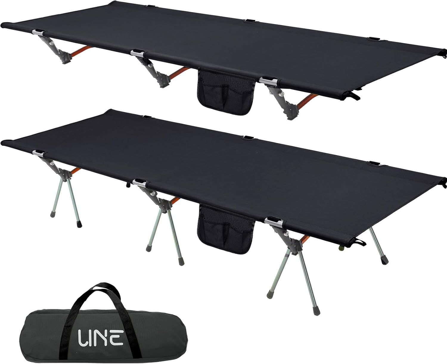 UNE コット キャンプコット 2WAY アジャスタブル アウトドアベッド 耐荷重150kg 防水 通気性 アップグレード版 軽量 2.8kg 静音設計 ハイ|ロー切替 組立簡易 バイクツーリング 野外用 防災 自宅用 会社用 収納バッグ付き