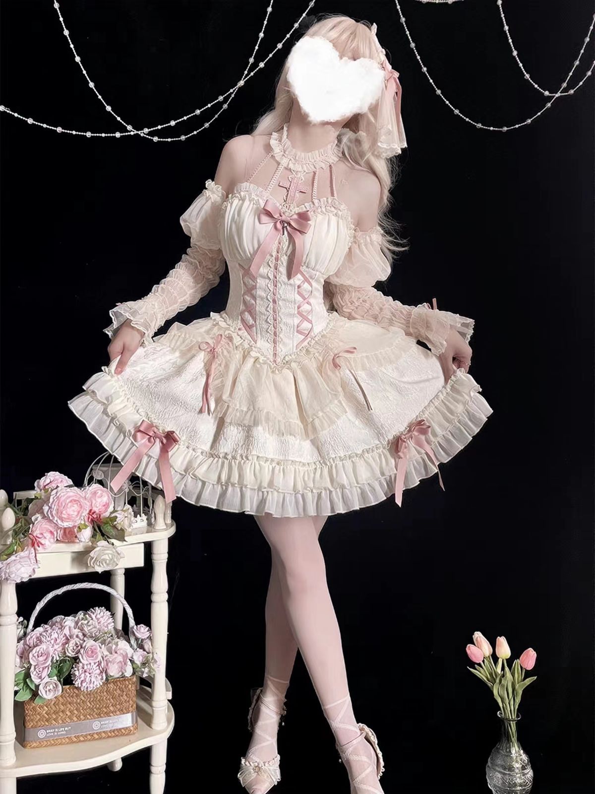 ロリータワンピース lolitaドレス 洋服 2点セット ワンピース＋アームカバー 少女風 ふんわり レース＆リボン装飾 コスプレ