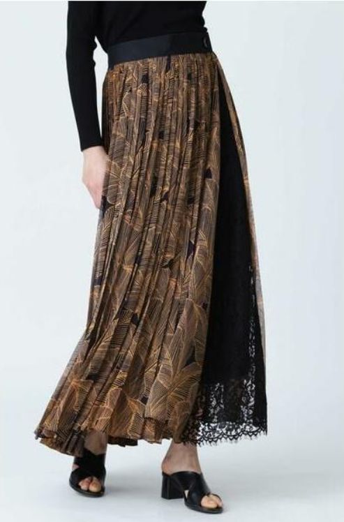 19AW 定価5.8万 ADORE アドーア レイヤードプリントスカート プリーツ リーフ柄 ボタニカル 植物 花柄 総柄 レース ウエストゴム ブラウン×ブラック 茶×黒 フ Aライン ロング マキシ丈 38 M ボトムス レディース GULLKHAN_COM