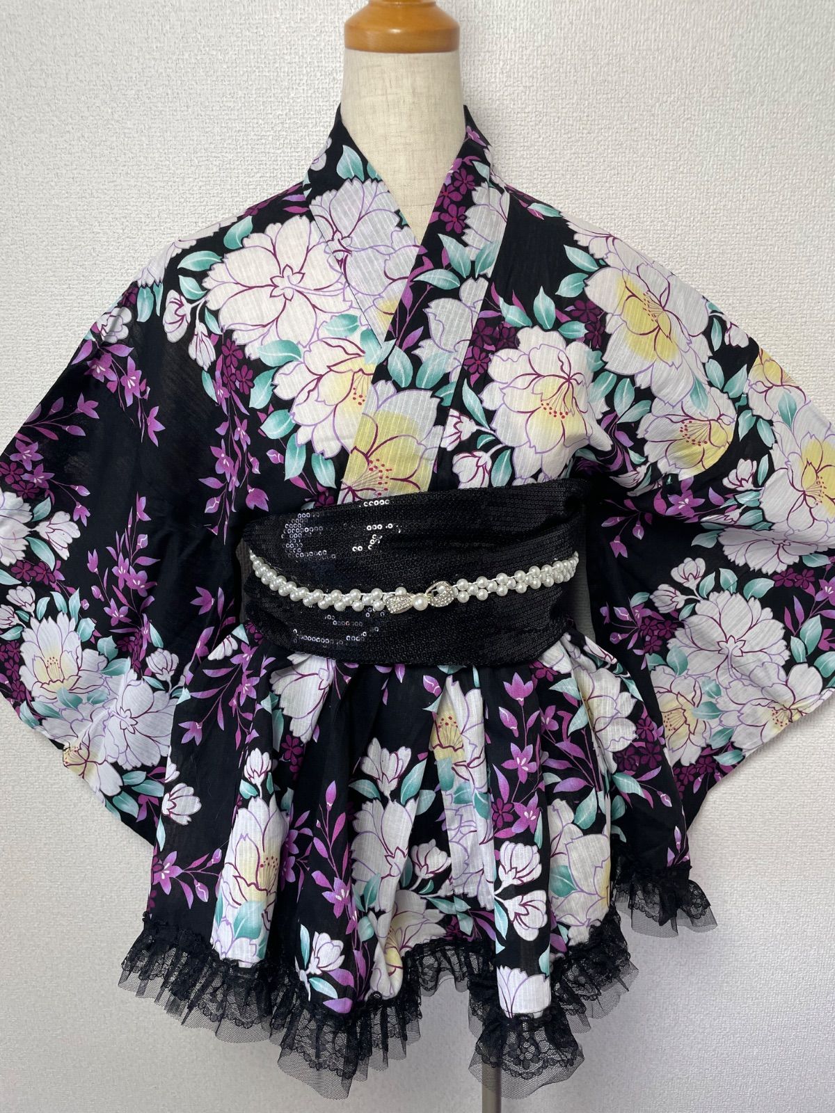 浴衣ドレス 黒ピンク 帯セット 姫ギャル ロリィタ 平成 Y2K 大人用