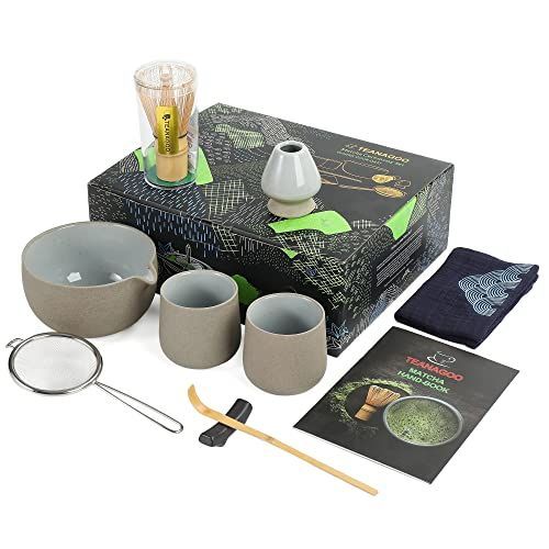 TEANAGOO 日本茶セット、抹茶泡立て器セット、抹茶茶碗竹抹茶泡立て器（chasen）、すくい（chashaku）、抹茶泡立て器、お茶セ 9個&frasl;セット、注ぎ口付きボウル-(グレー) TEANAGOO 抹茶泡立て器セット 抹茶椀 注ぎ口付き 竹製抹茶泡立て器 抹茶セット  スコップ 抹茶泡立て器ホルダー 茶道キット。1 日本茶セット(7pcs) + 2Cups(7.2oz),S2,D