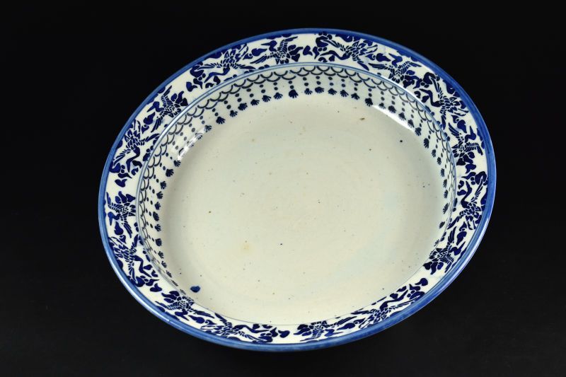 蔵A5498 古美術 尾張焼 雲鶴模様 砂鉢 明治期 40.5㎝ 当時箱