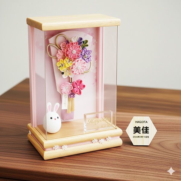 ７号 つまみ細工 凛 壁掛け羽子板 無垢白木 アクリルケース